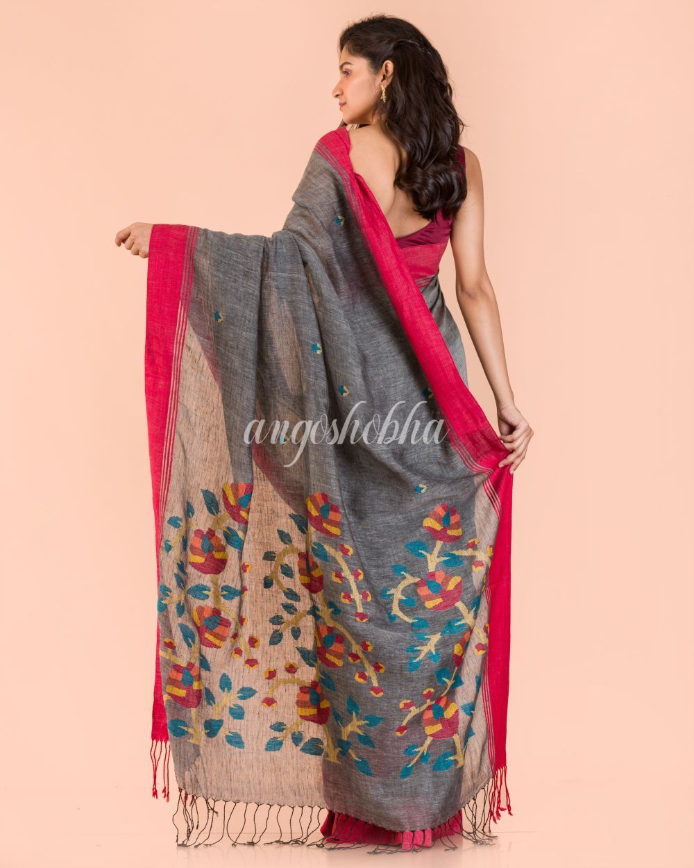 Women's Grey Linen Jamdani Saree - Angoshobha