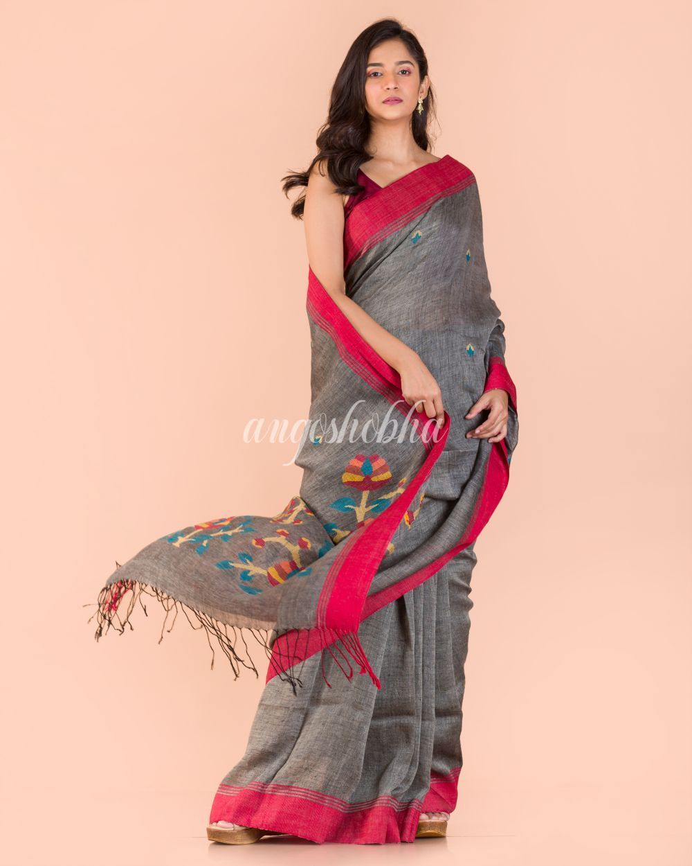Women's Grey Linen Jamdani Saree - Angoshobha