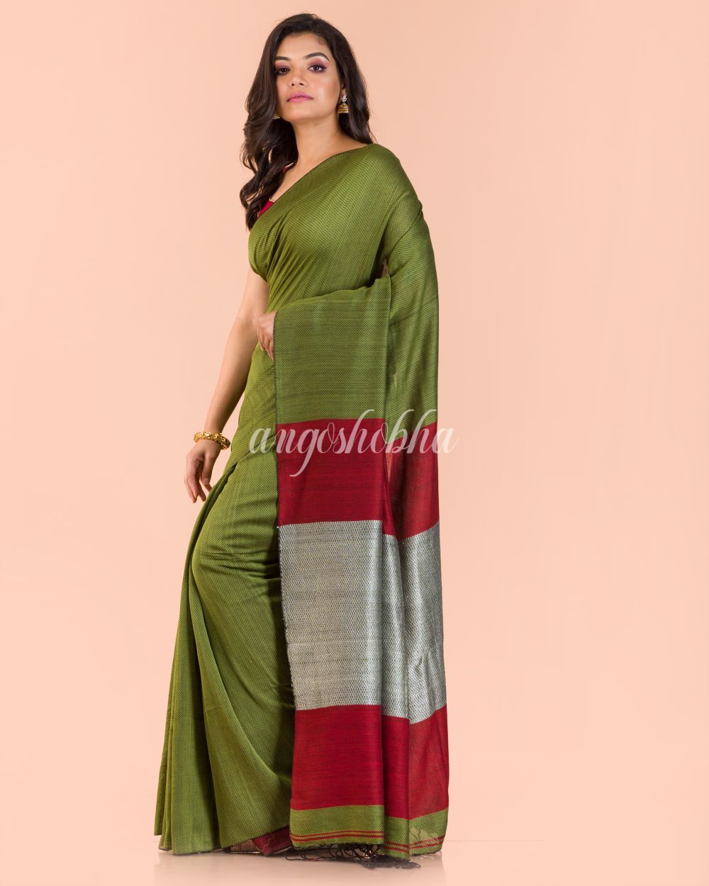Women's Pea Green Handwoven Cotton Saree - Angoshobha