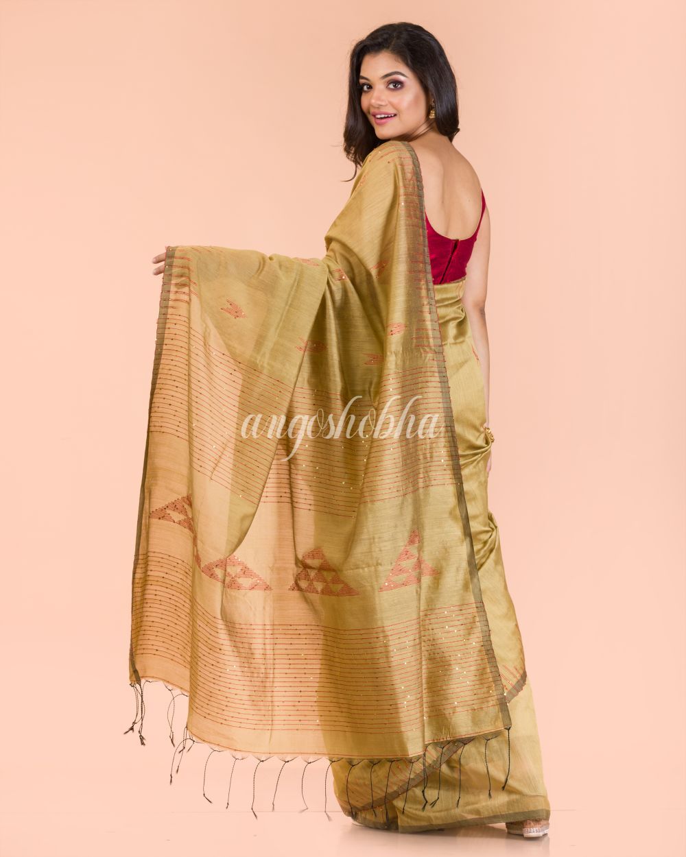 Women's Beige Blended Cotton Sequins Saree - Angoshobha