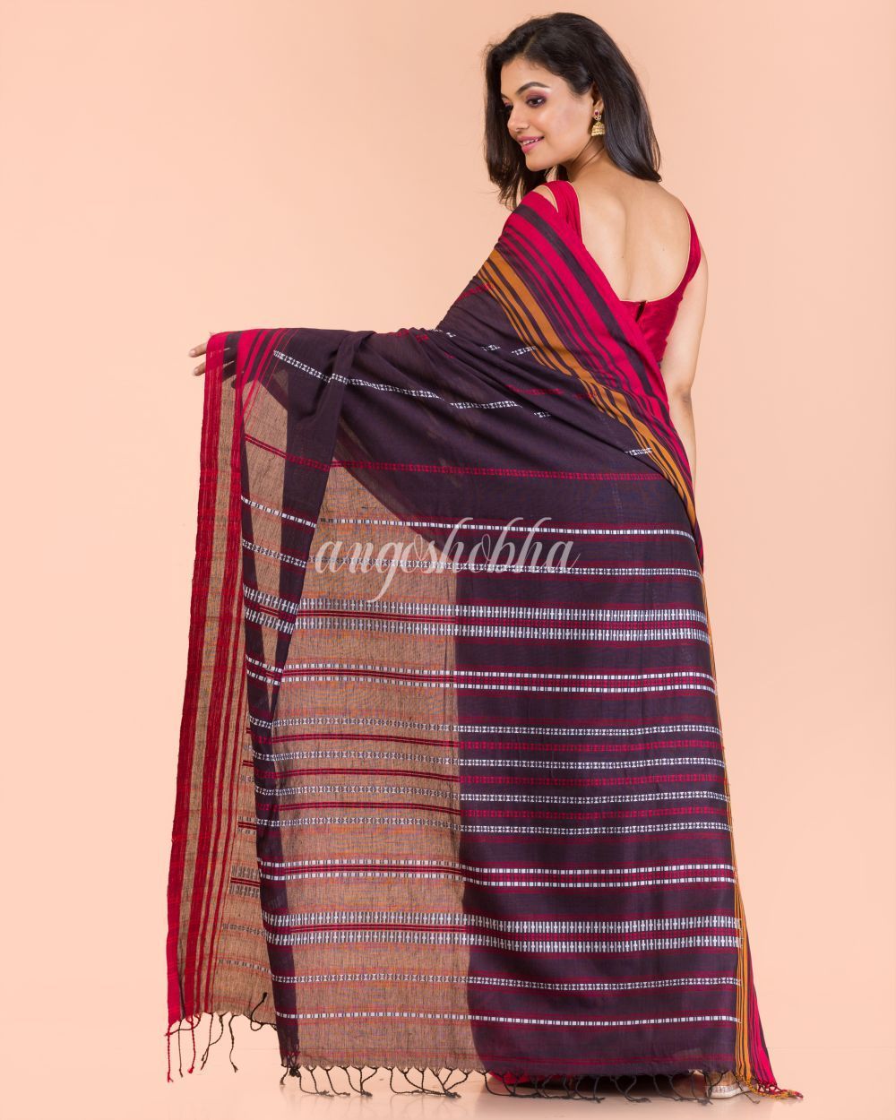 Women's Dark Brown Handwoven Cotton Saree - Angoshobha