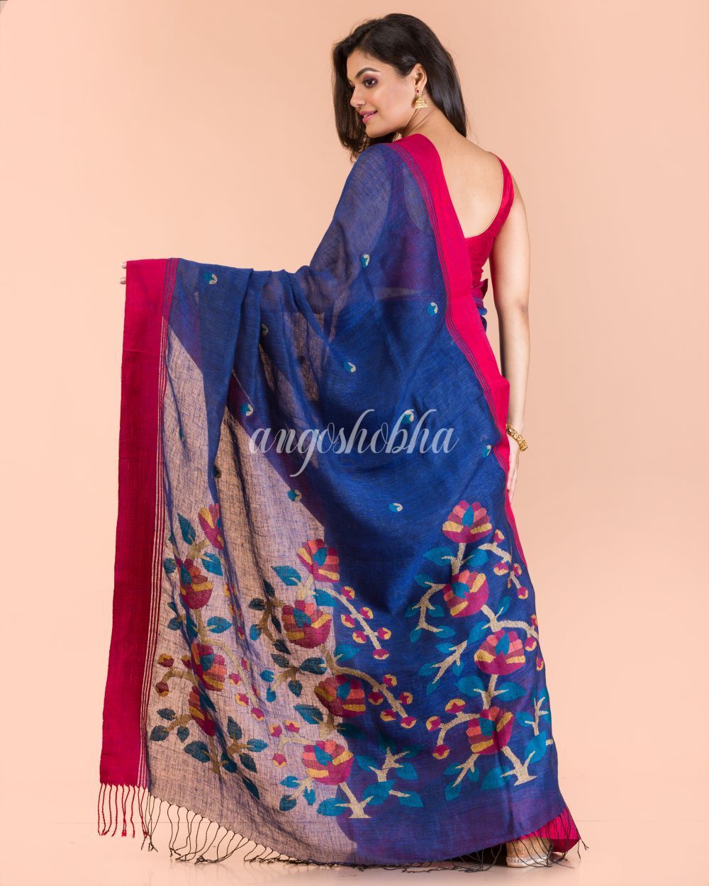 Women's Blue Linen Handloom Jamdani Saree - Angoshobha