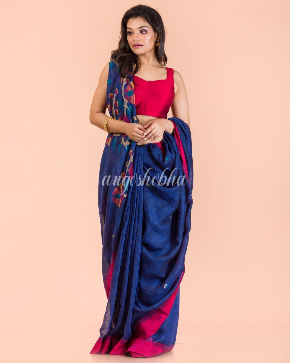 Women's Blue Linen Handloom Jamdani Saree - Angoshobha