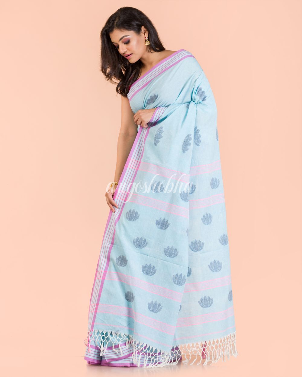 Women's Aqua Handwoven Cotton Saree - Angoshobha