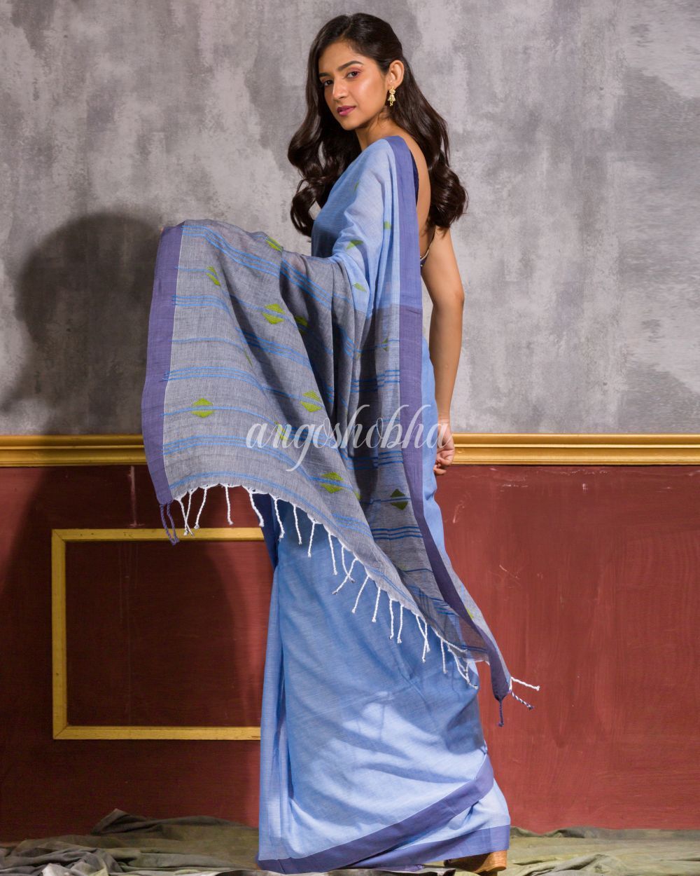 Women's Sky Blue Handwoven Cotto Saree - Angoshobha