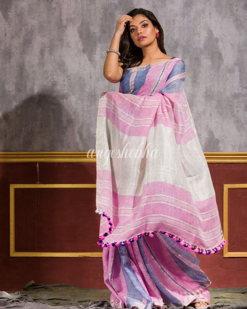 Women's Blue Pink Handwoven Linen Saree - Angoshobha