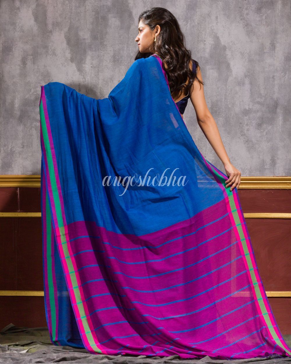 Women's Dark Blue Handwoven Cotton Saree - Angoshobha