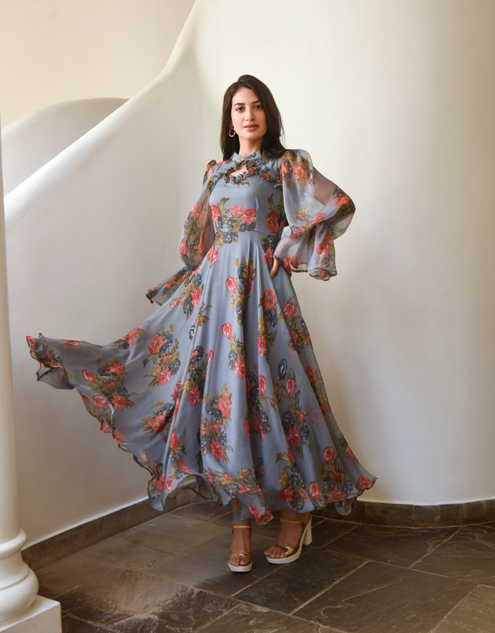 Women's Grey Maxi Dress Floral - 1Pc Set