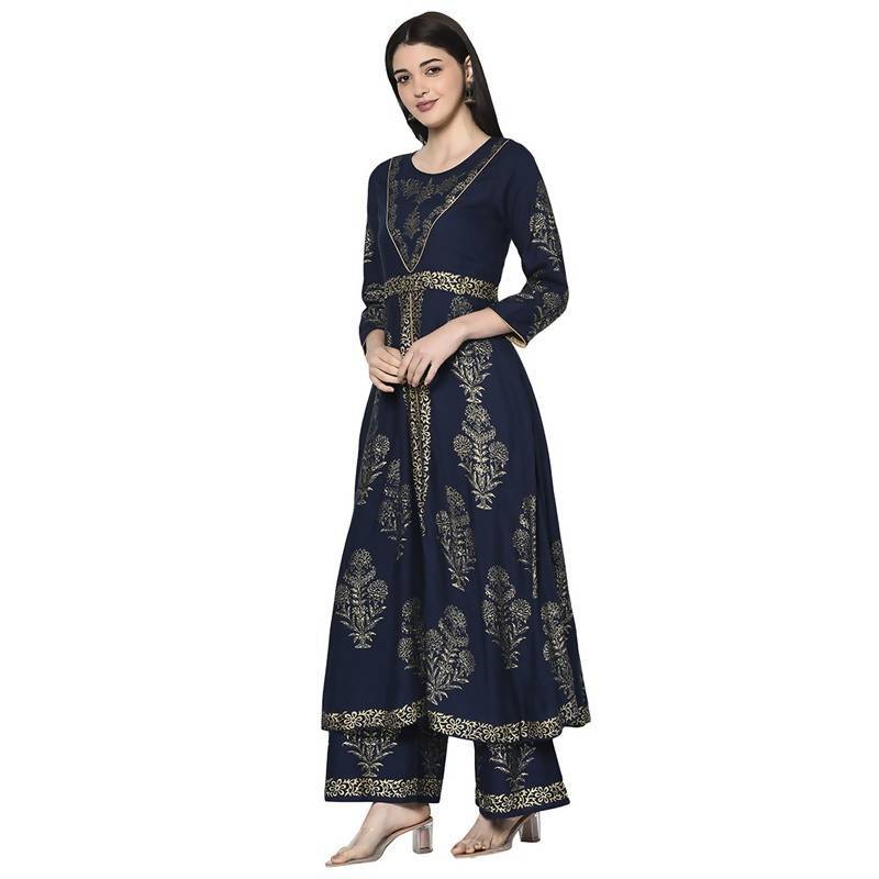 Women's Navy Blue Rayon Foil print Anarkali kurta