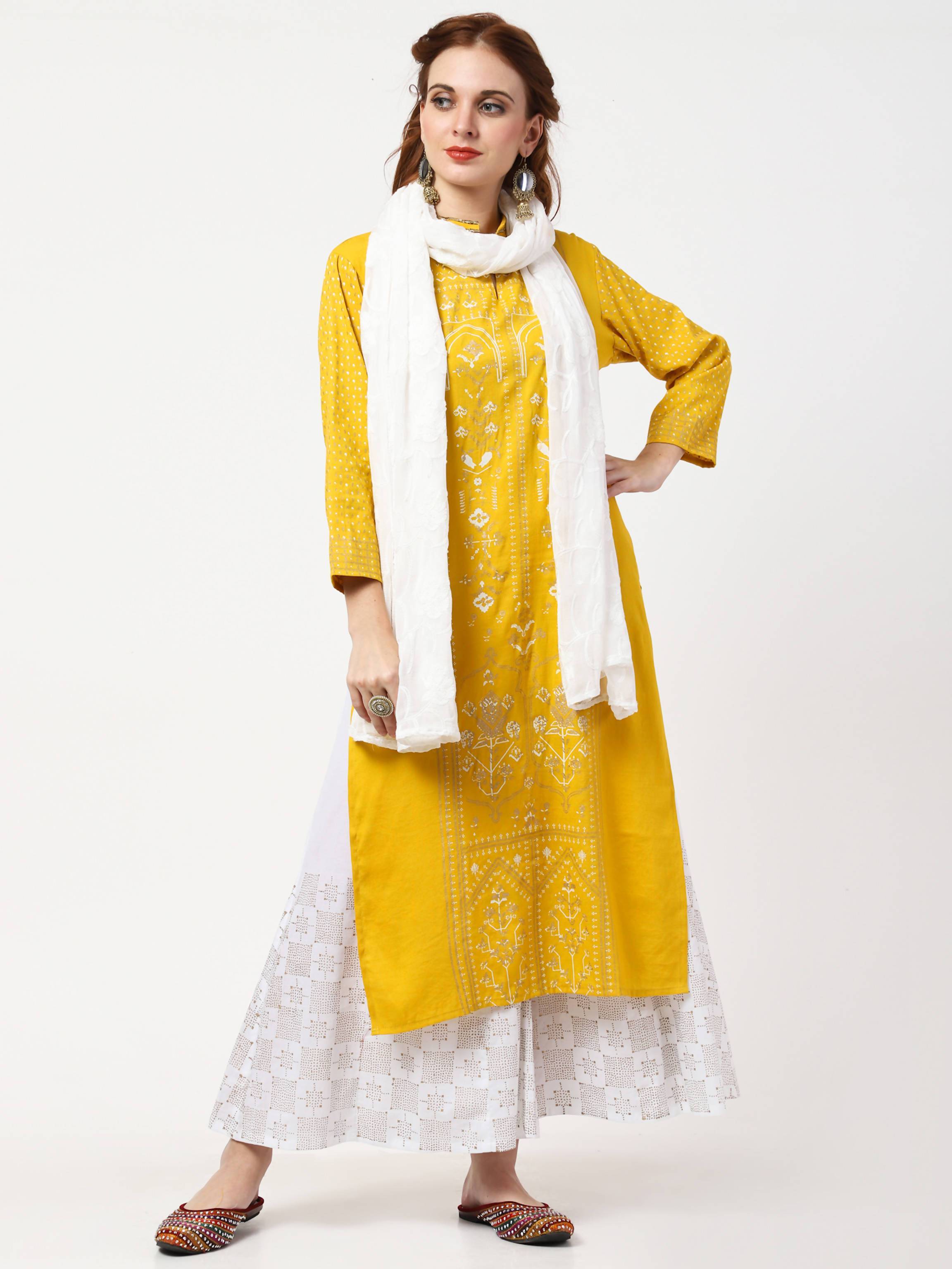 Women's Mustard & White Cotton Chiffon Kurta With Palazzo & Embroidered Dupatta Set - Cheera