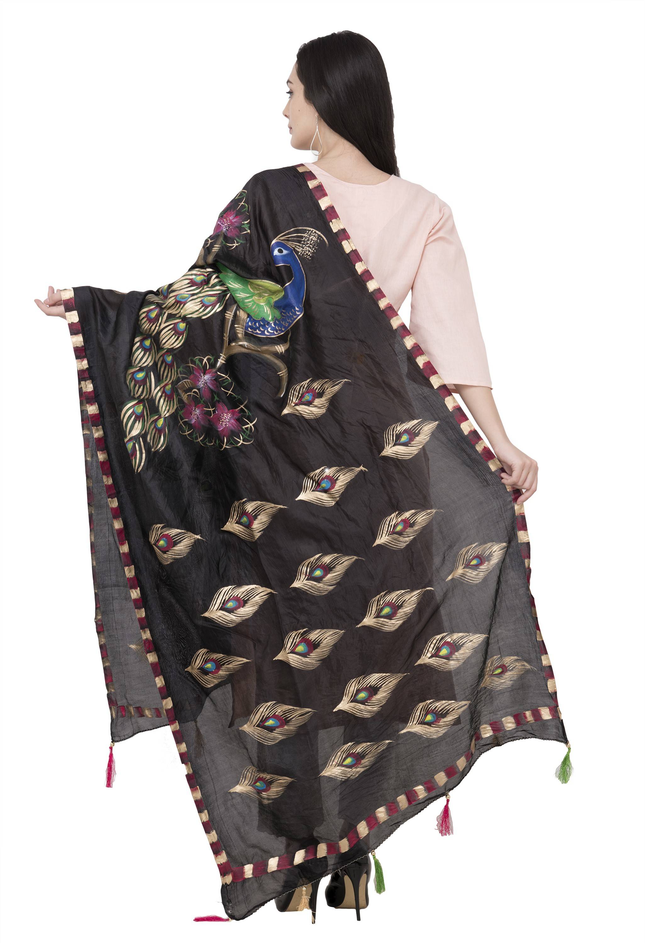 A R Silk Silk Peacock Multi Fancy Dupatta Color Black Dupatta or Chunni