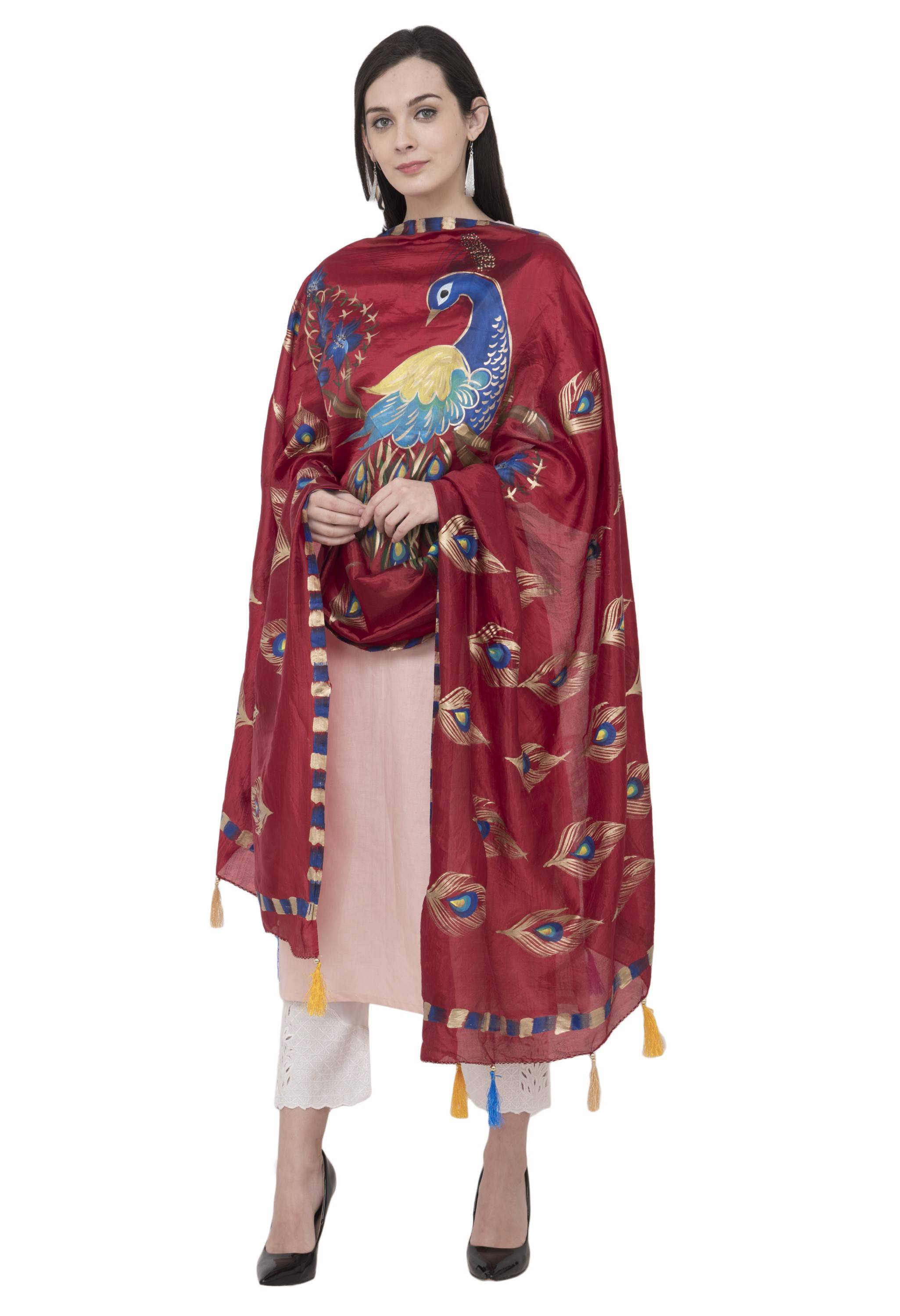 A R Silk Silk Peacock Multi Fancy Dupatta Color Mehroon Dupatta or Chunni