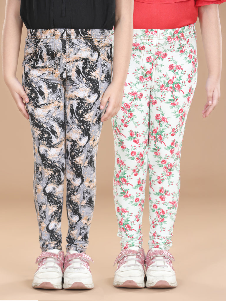 Girl's  Cotton Floral Printed Pack Of 2 Jeggings - S
