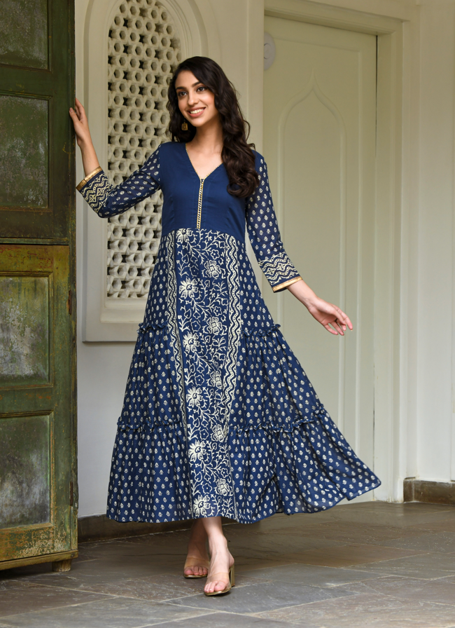 Women's Navy Blue Hand Block Printed Gown (1Pc) - Saras The Label