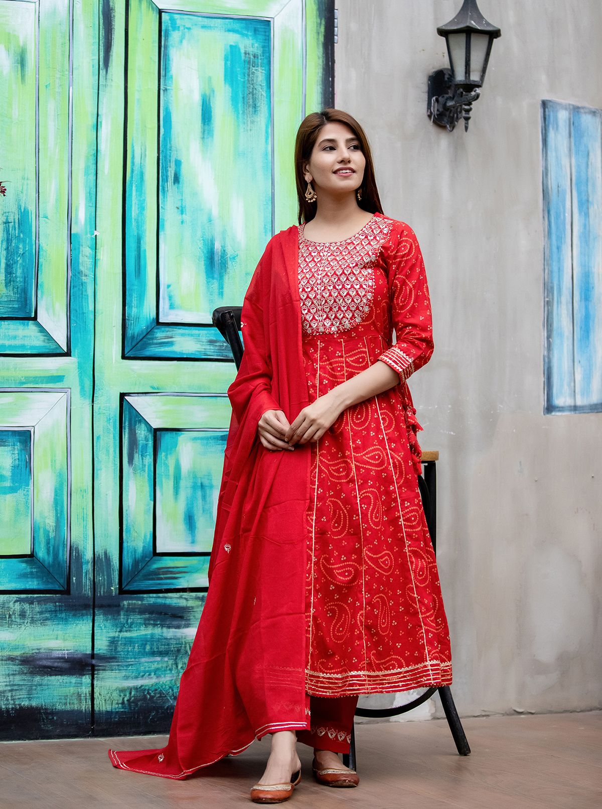 Women's Red Bandhej Printed Anarkali Suit Set - KAAJH