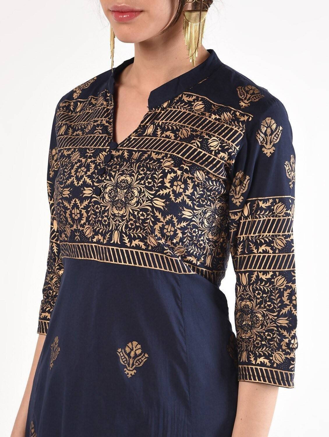 Women's Navy Blue & Golden Cambric Cotton Hand Block Print Anarkali Kurta With Silk Golden Skirt - Cheera
