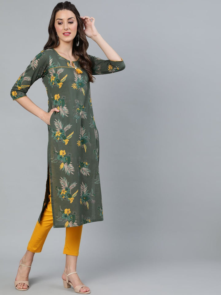 Women's Green Floral Printed Straight Kurta