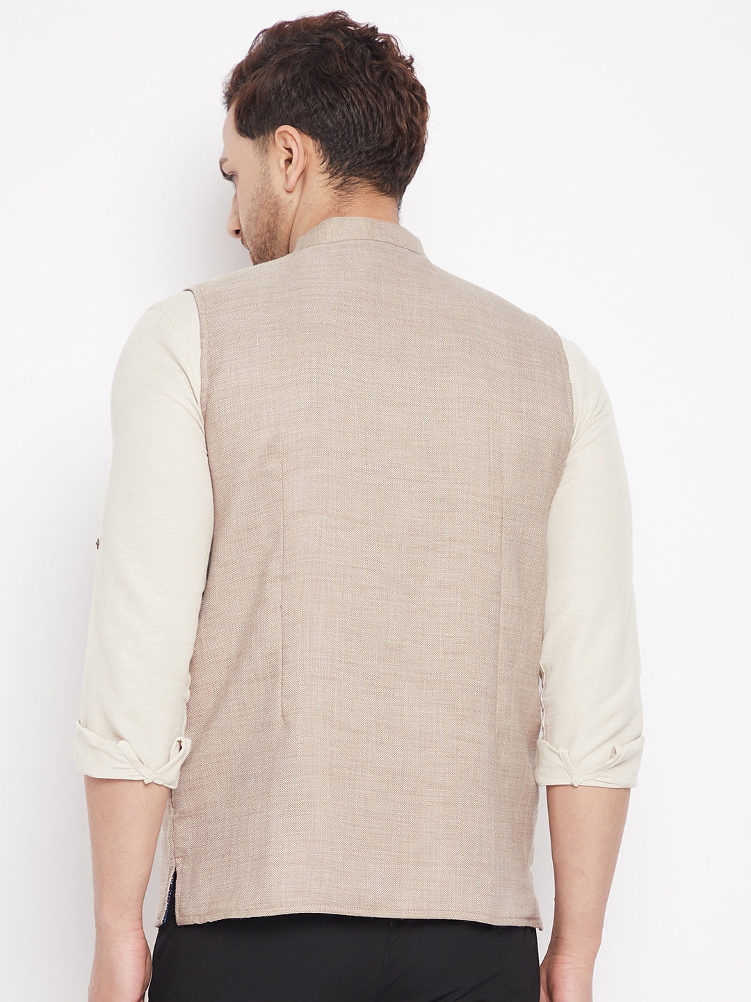 Men's Cream Color Nehru Jacket-Contrast Lining-Inbuilt Pocket Square - Even Apparels
