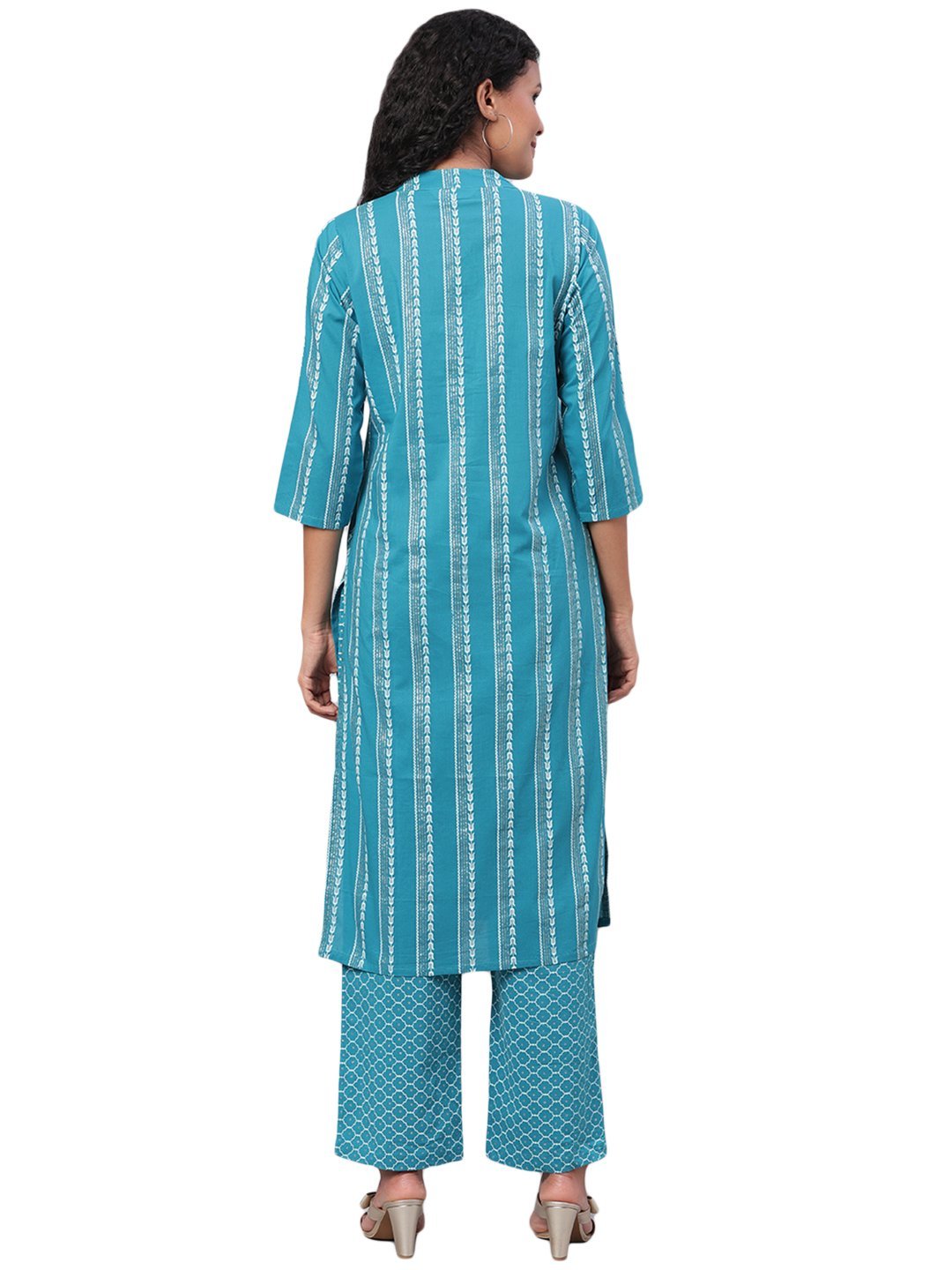 Women's Blue Printed 3/4 Sleeve Cotton Round Neck Casual Kurta Pant Set - Myshka