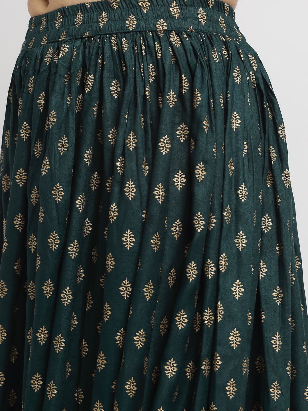Women's Green Gold  Printed Straight Kurta With Gold Printed Skirt And Dupatta - Rudra Bazaar
