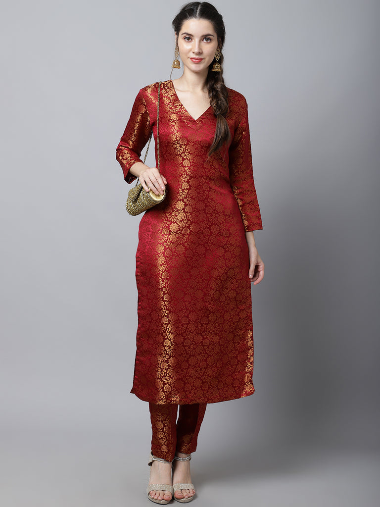 Women's Maroon Brocade Straight Kurti With Straight Pants