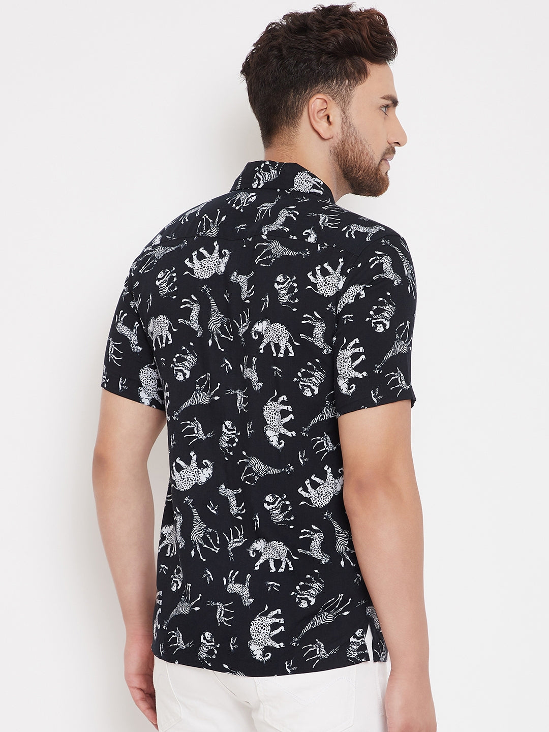 Men's Printed Black Cuban Collar Shirt