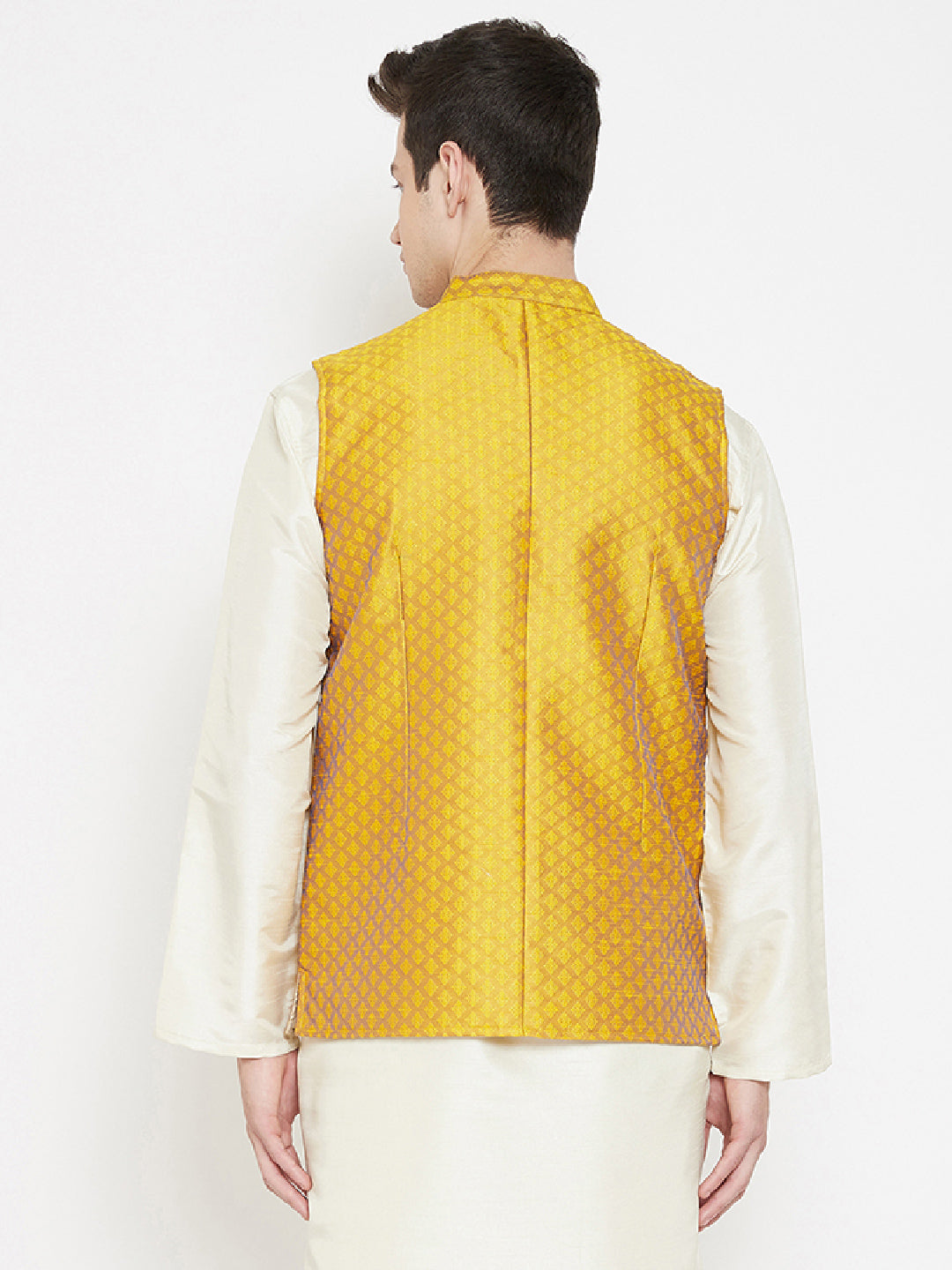 Men's Jacquard Yellow Silk Nehru Jacket - Even Apparels