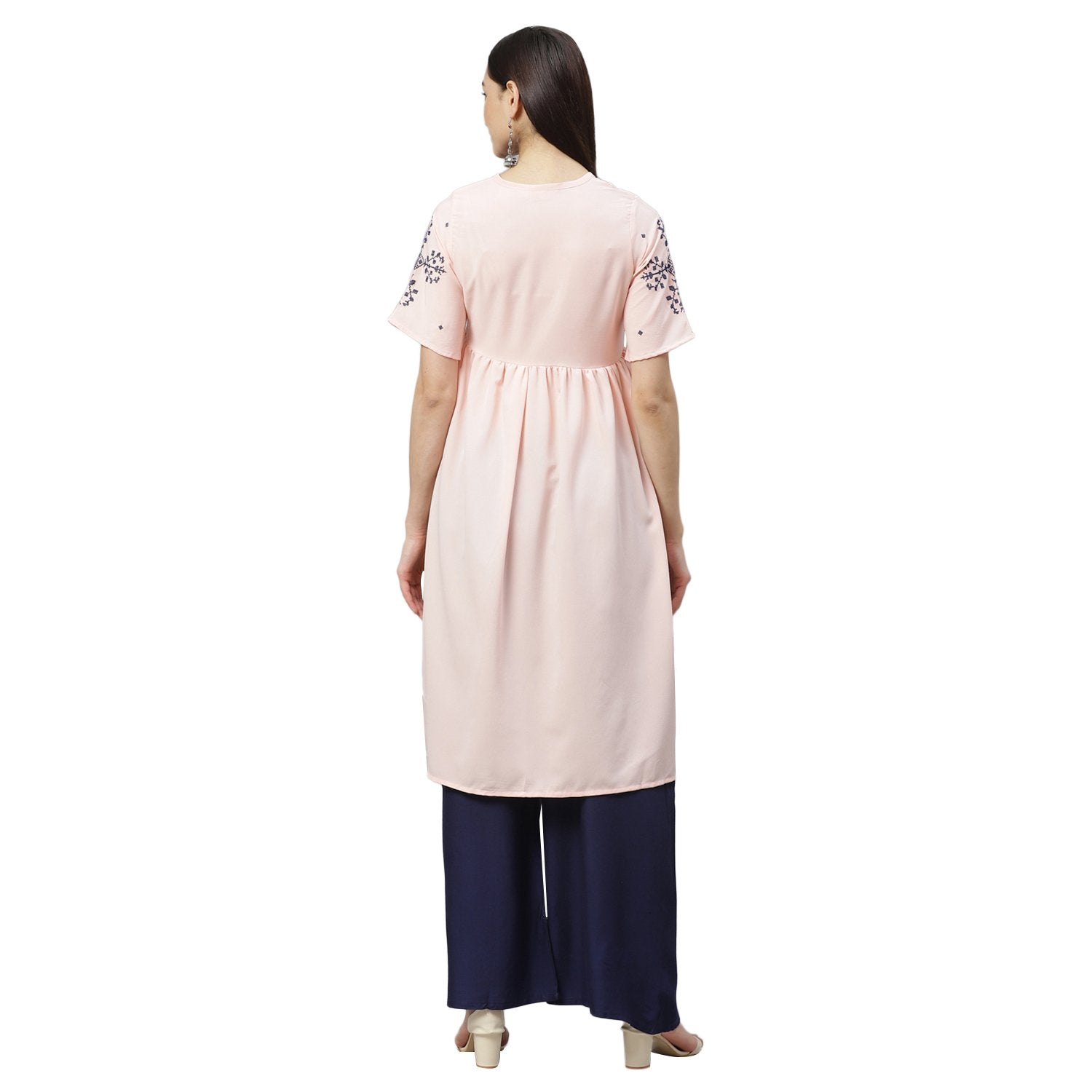 Women's Pink Ravera Crepe 100% Polyester Printed Half Sleeve Round Neck Casual Kurta Only - Myshka