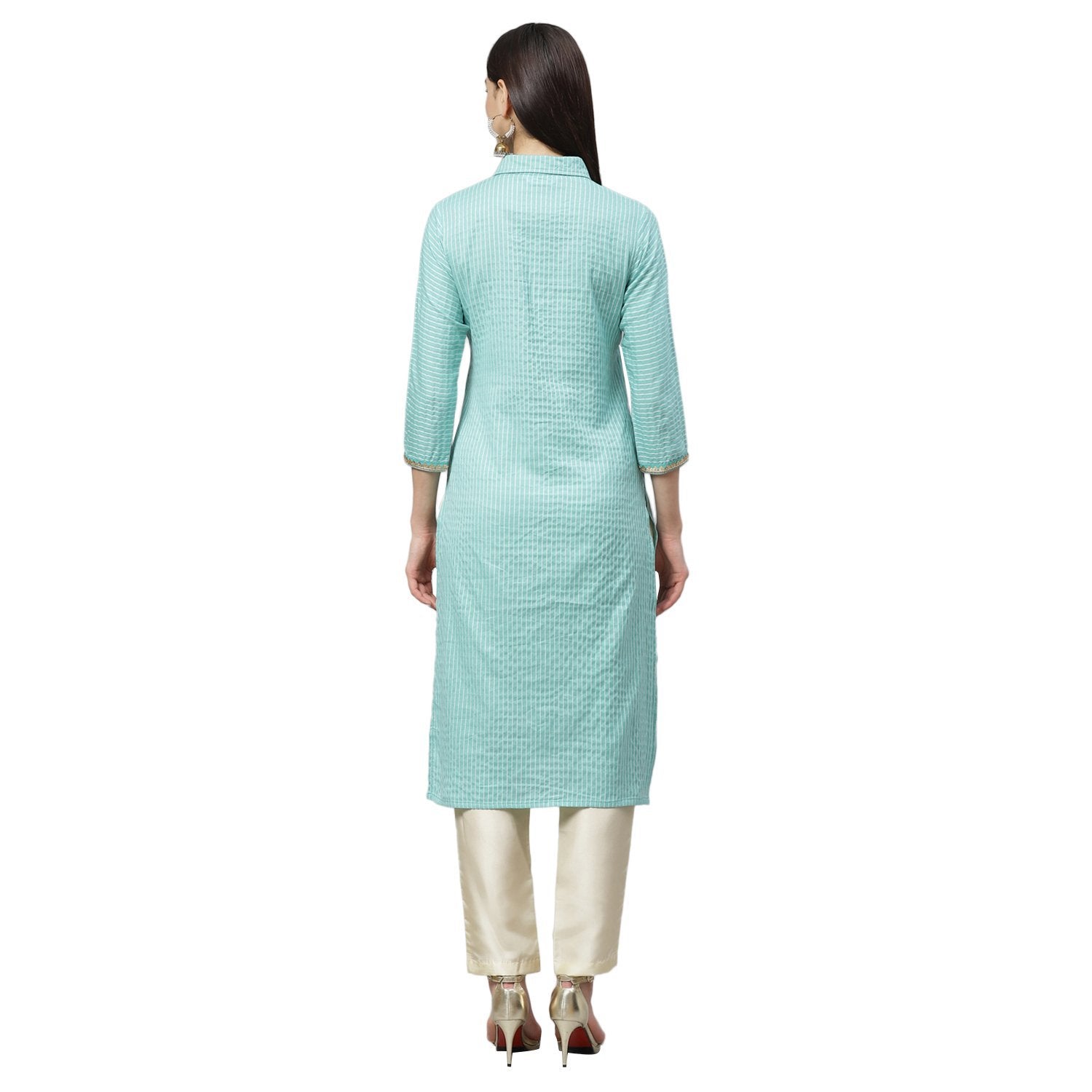 Women's Green Cotton Check 3/4 Sleeve Shirt Collar Casual Kurta Only - Myshka