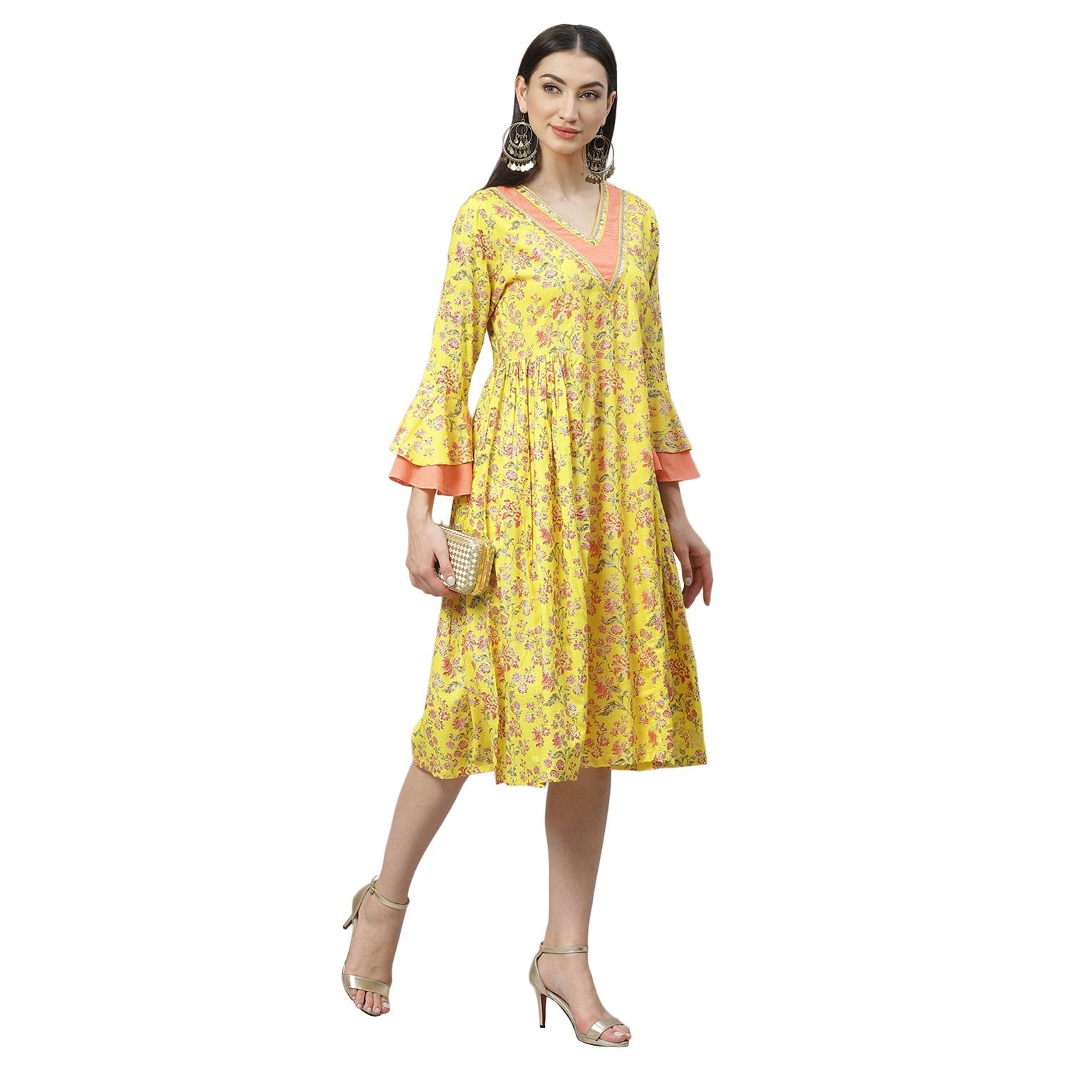 Women Yellow Cotton Printed Dress by Myshka (1 Pc Set)