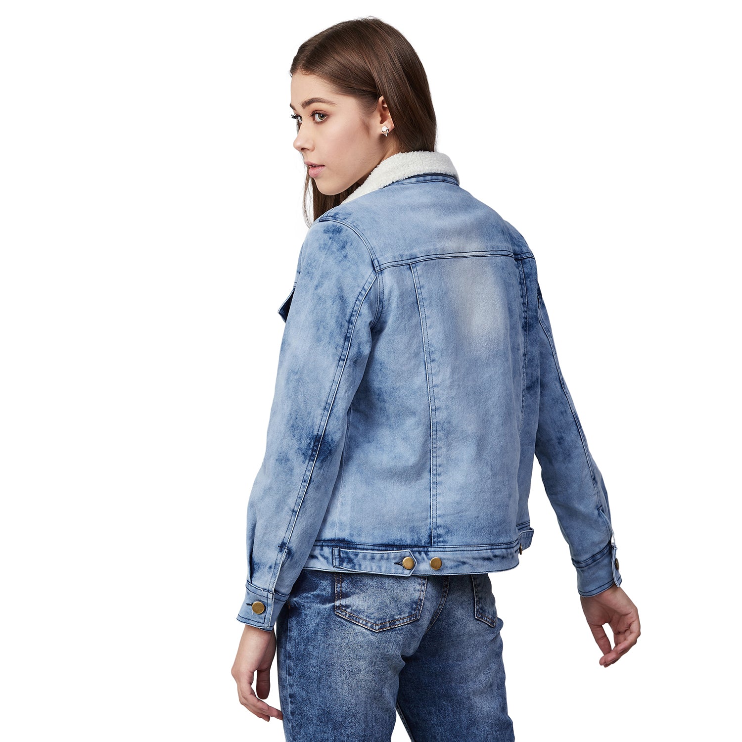 Women's Denim Jacket with Soft Warm Faux Fur Lining inside - Ice Blue - StyleStone