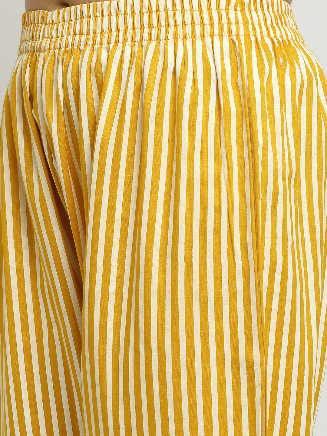 Women's Mustard Printed Bell Sleeve Straight Kurta With Striped Pyjamas - Rudra Bazaar