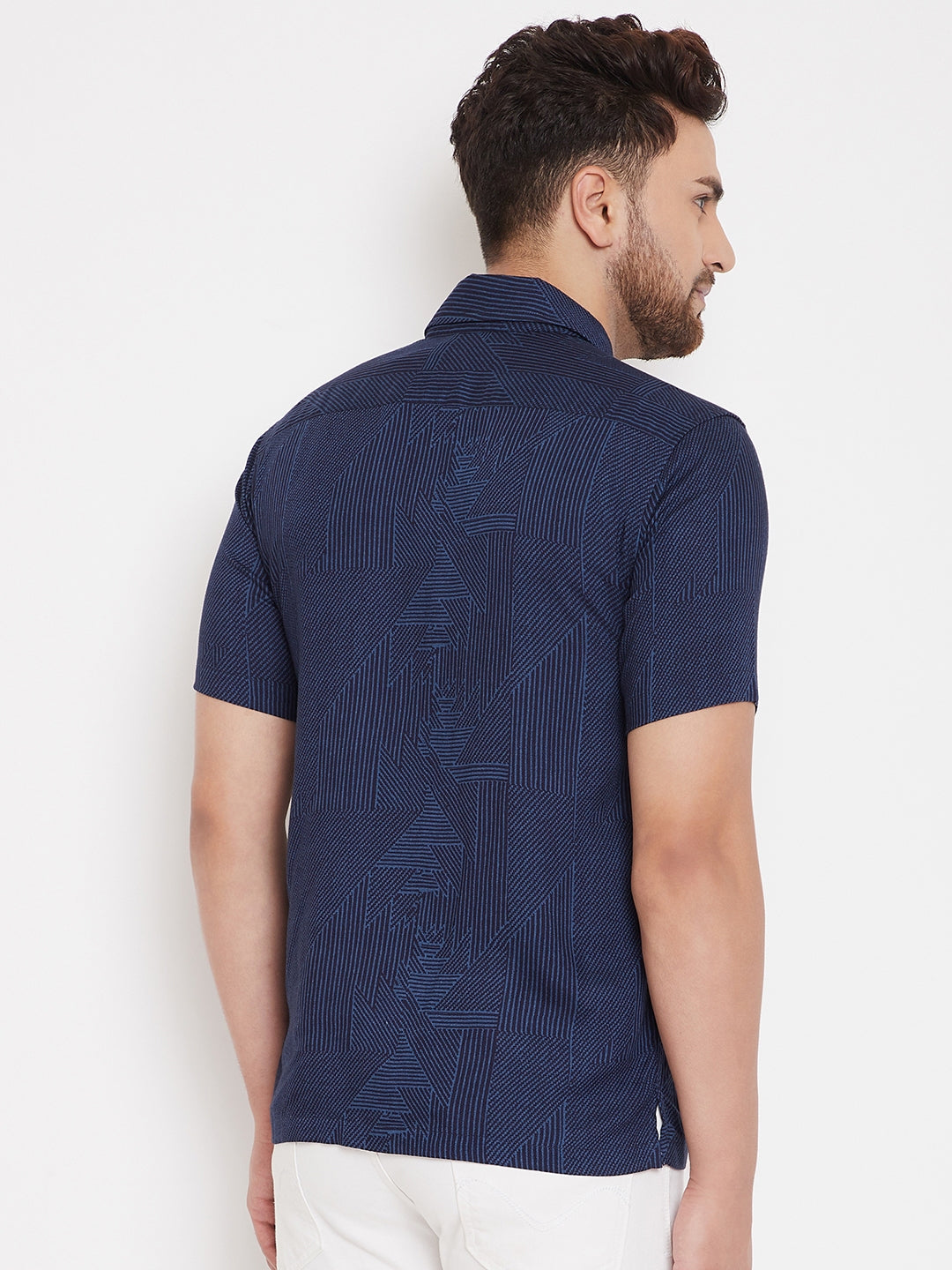 Men's Striped Navy Blue Cuban Collar Shirt