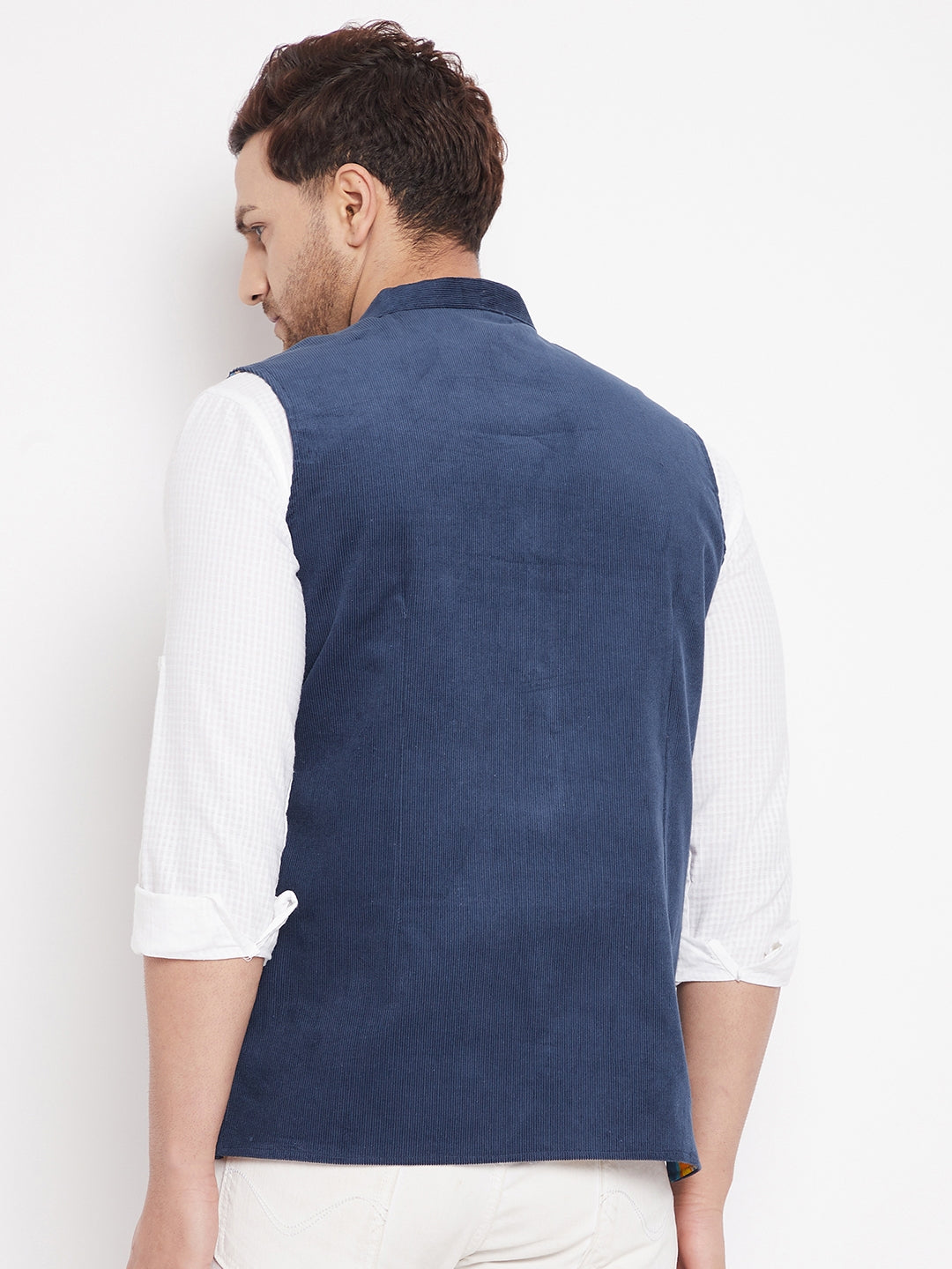 Men's Blue Color Nehru Jacket-Contrast Lining-Inbuilt Pocket Square - Even Apparels
