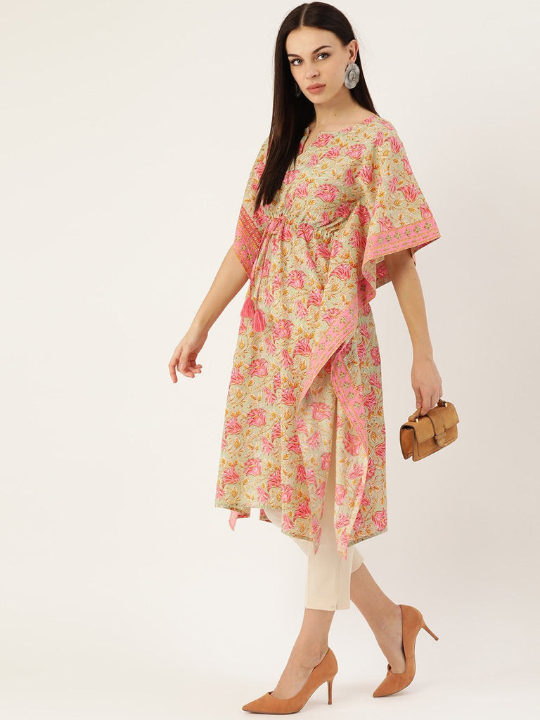 Women's Cotton Green & Pink Kaftan Kurta
