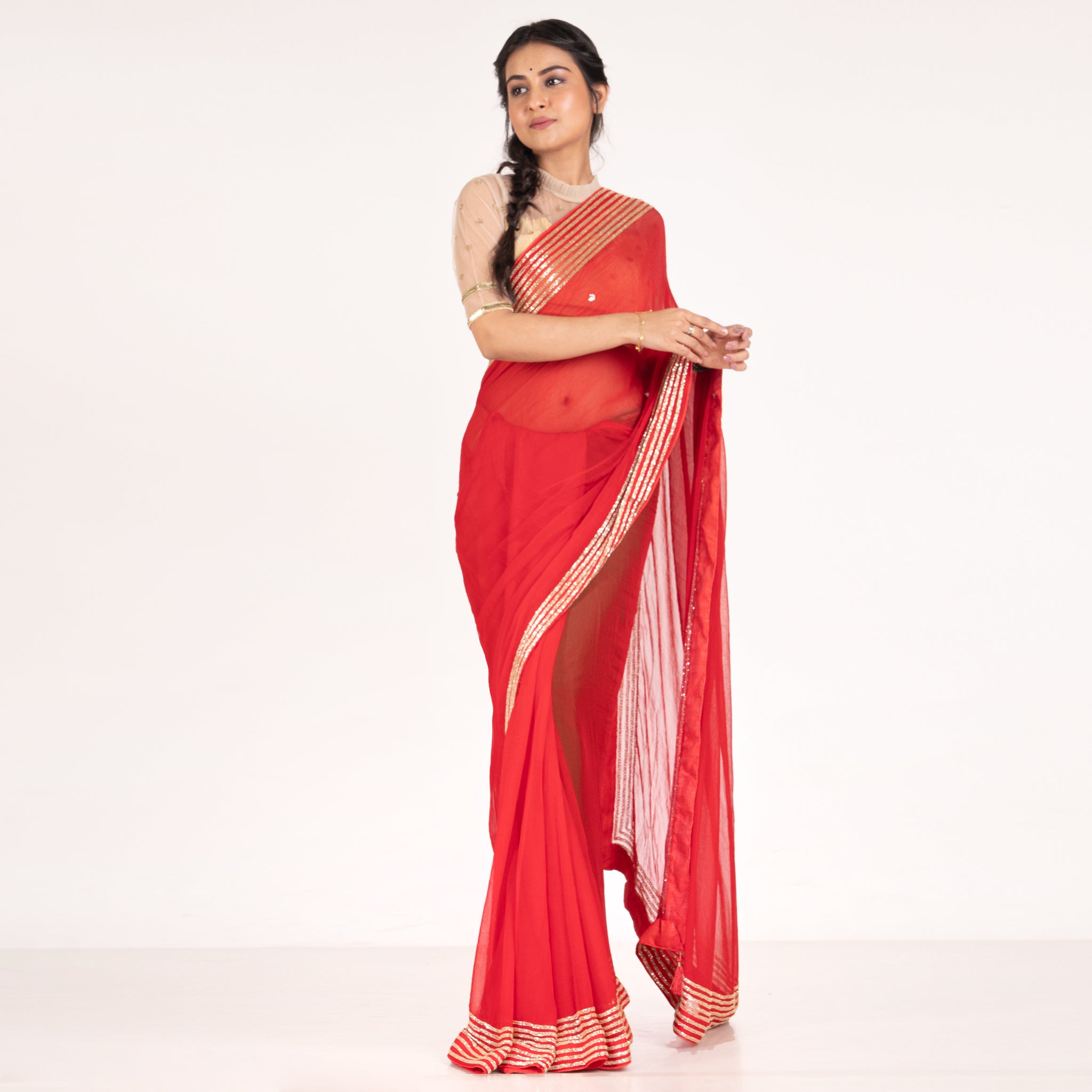 Women's Red Pure Chiffon Saree With Hand Embroidered Cut Dana Border - Boveee