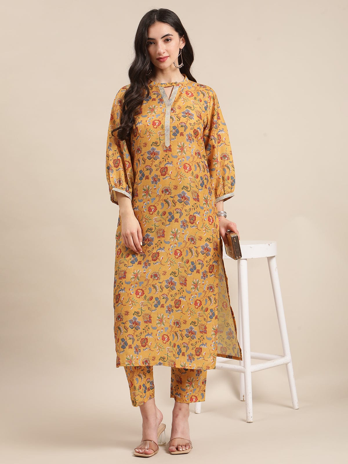 Women's Mustard Floral Printed Zari Work Straight Kurta Trouser Set - Varanga