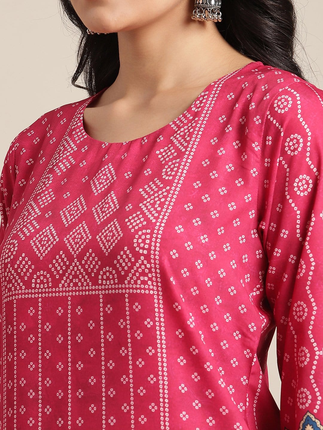 Women's KSUT Pink And Cream Bandhani Printed Straight Kurta With 3/4Th Sleeves - Varanga