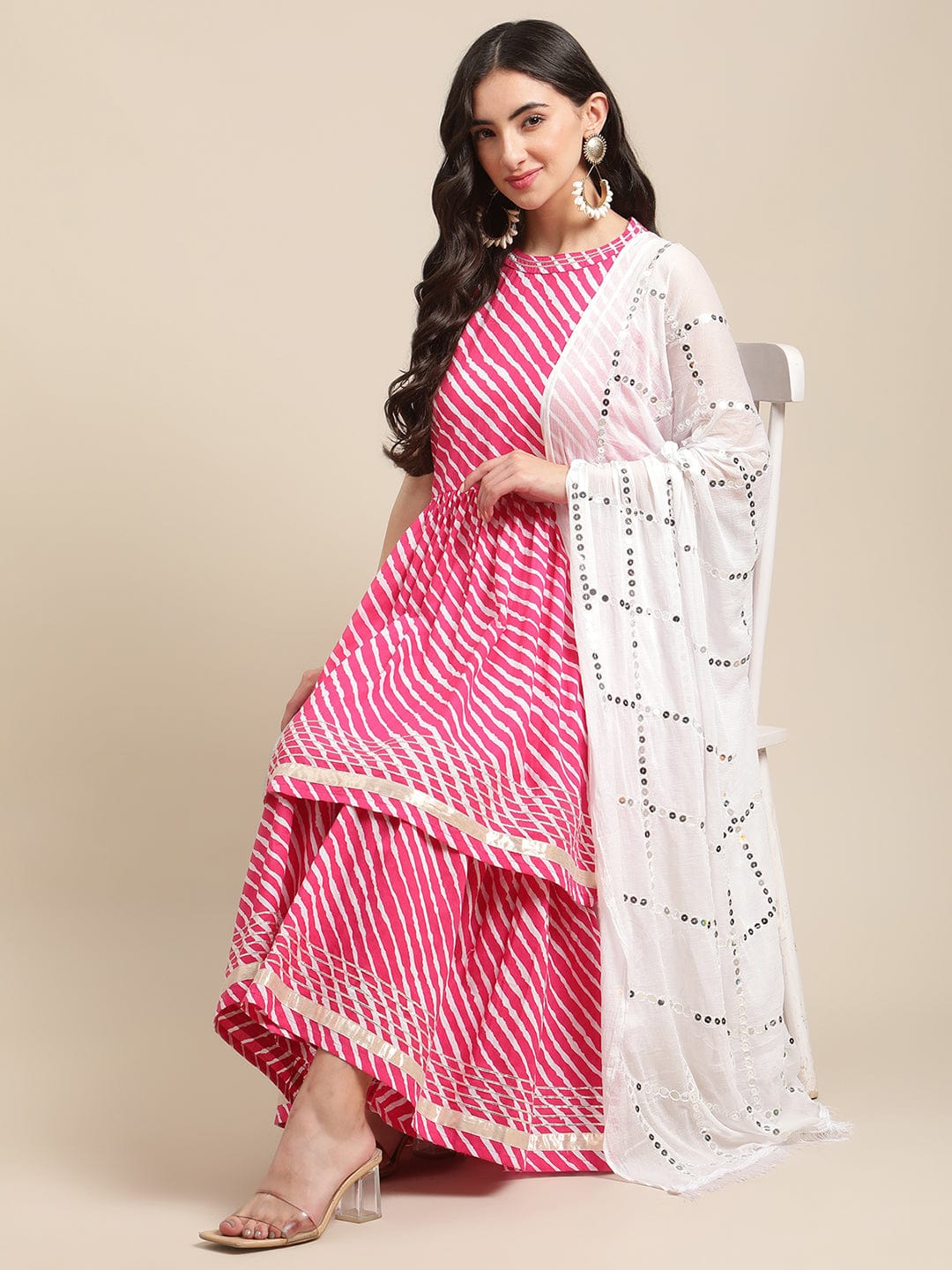 Women's Pink And White Leheriya Halter Neckline Gota Work Kurta With Sharara And Sequins Emebllished Dupatta - Varanga
