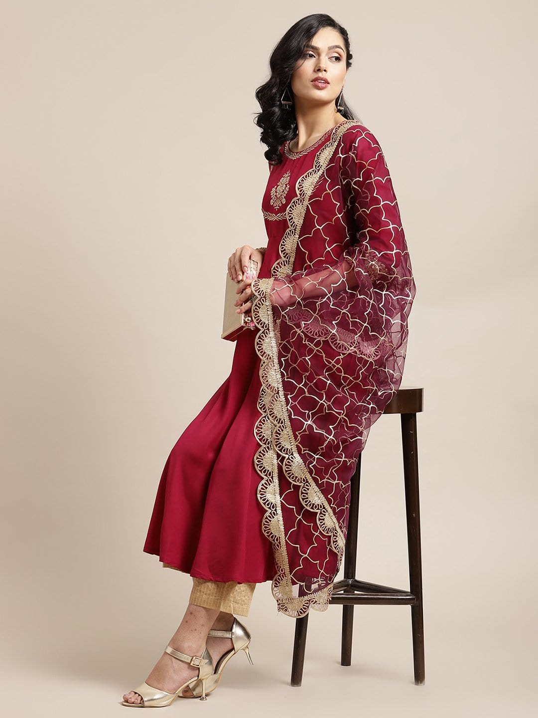 Women's Magenta And Gold Anarkali, Solid Kurta With Zari Work On Yoke And Paired With Gold Pant And Heavy Gota Embroidered Dupatta - Varanga