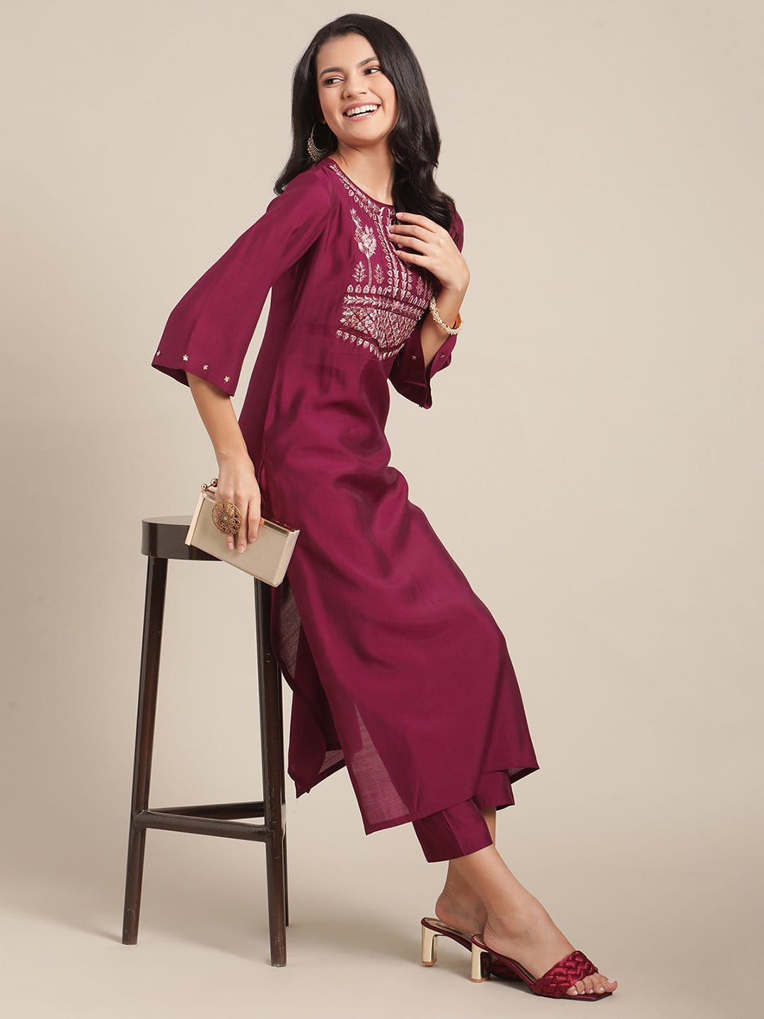 Women's Wine Zari And Resham Embroidere Kurta  Trouser Set - Varanga