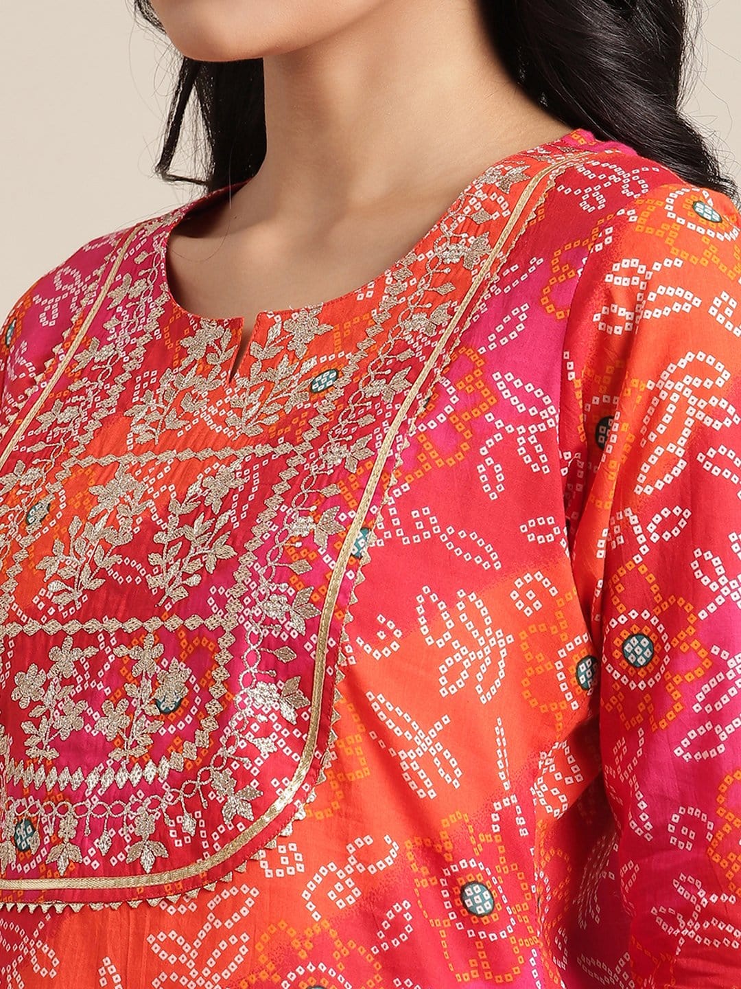 Women's KSUT Pink And Orange  Bandhani Zari Embroidery Kurta With Gota Embellished Sleeves - Varanga