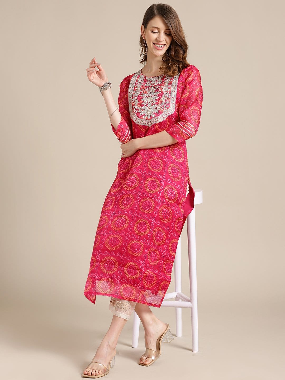 Women's KSUT Pink Bandhej Kurta With Zari Embellished Yoke Embroidery And 3/4Th Sleeves - Varanga