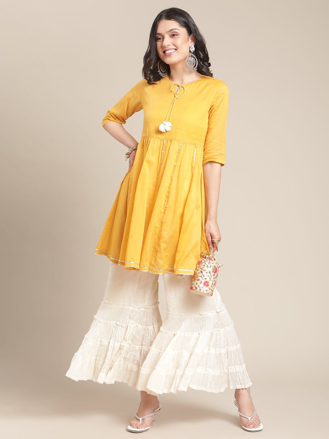 Women's Mustard Gota Embellished Short Kurta With Off White Tear Sharara - Varanga