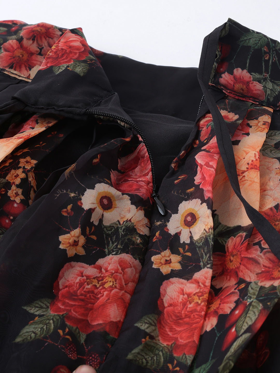 Women's Black Floral Print Organza Fully-Stitched Lehenga - Royal Dwells
