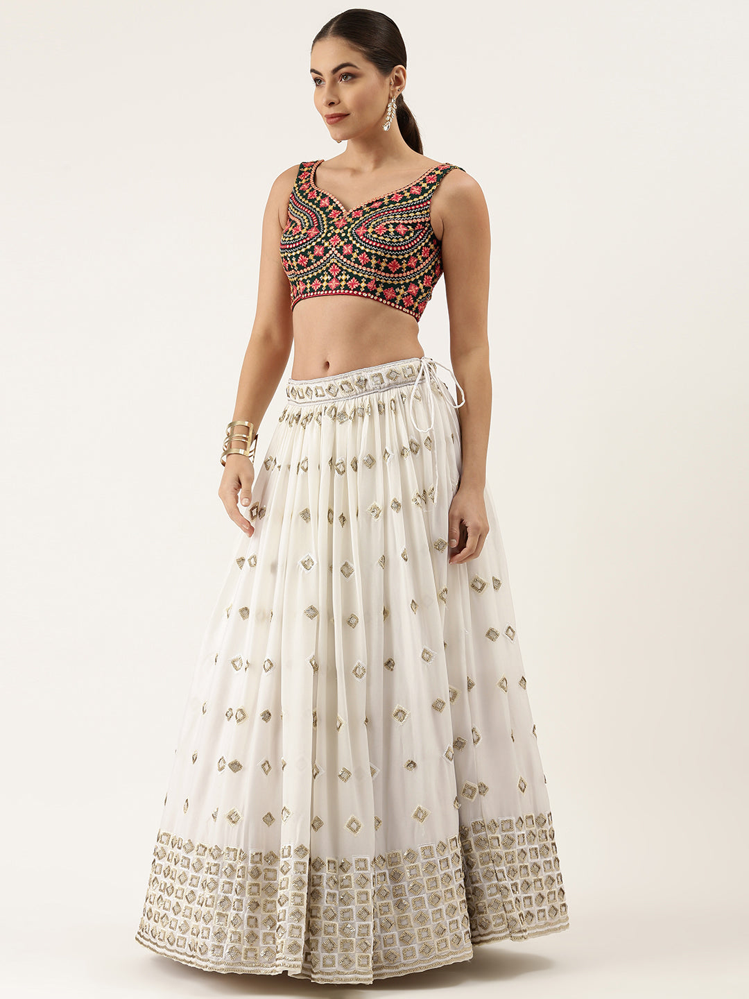 Women's White Pure Georgette Sequinse Work Fully Stitched Lehenga & Fully Stitched Blouse With Dupatta - Royal Dwells