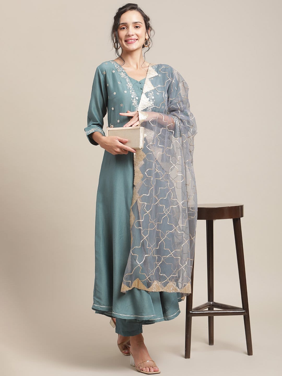 Women's Teal Color Embroidered Circulared Flared Kurta With 3/4Th Sleeves And  Paired With Trouser And Gota Embroidered Dupatta - Varanga