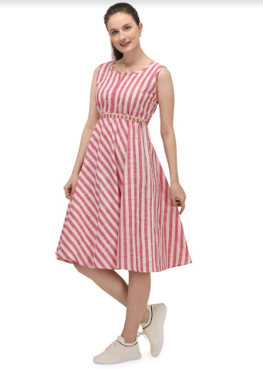 Women's Baby Pink And White Strip Sleeves Less Midi Dress - MESMORA FASHIONS