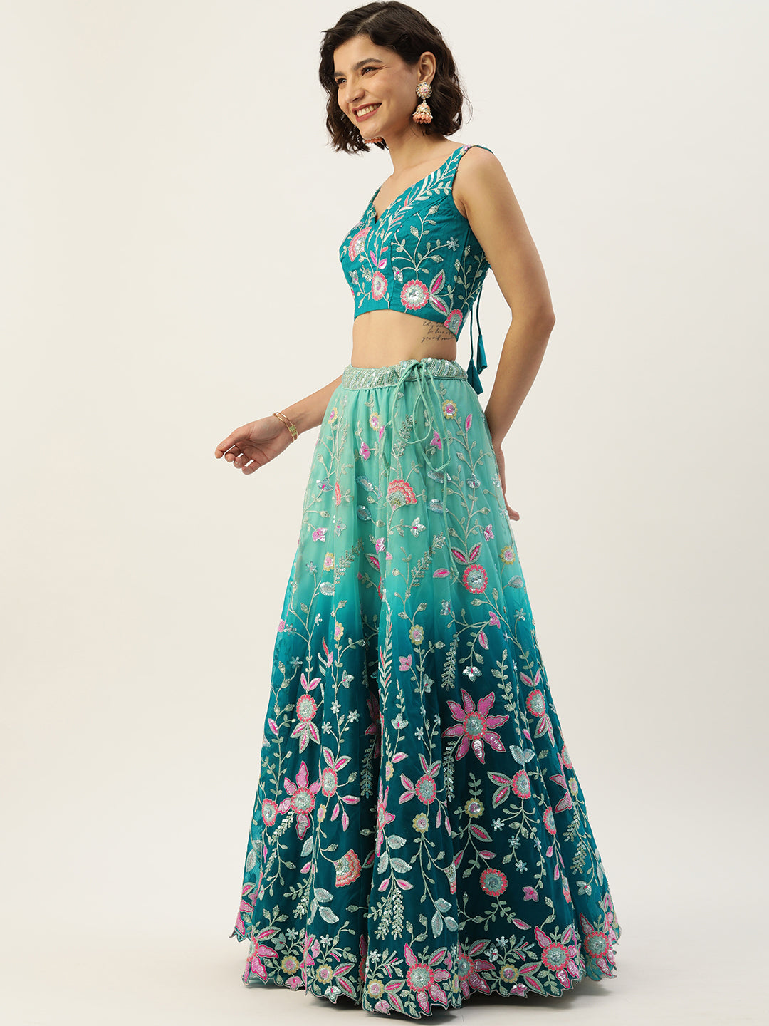 Women's Teal - Shaded Net Sequins Embroidered Stitched Lehenga - Royal Dwells