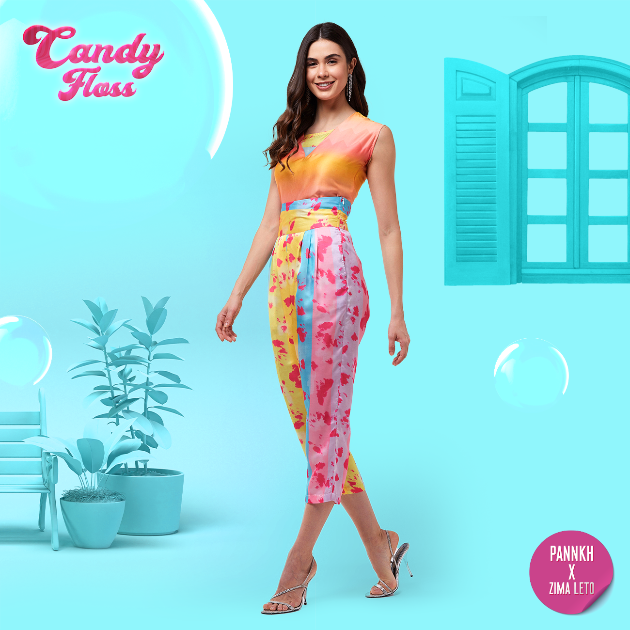 Women's Candy Inspired Digital Printed Crop Top With High Waist Pleated Pants - Pannkh